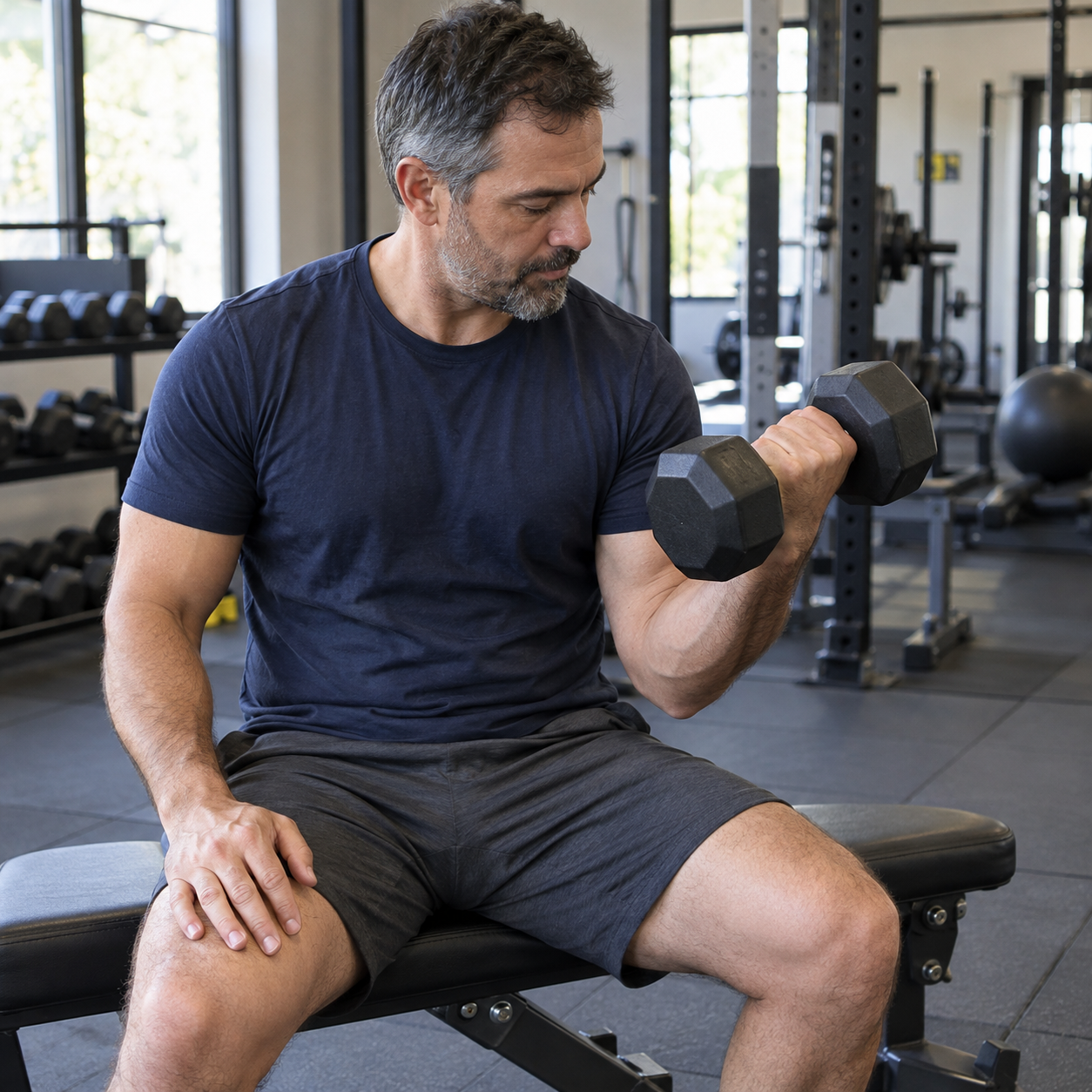 Escena ilustrativa: hombre adulto entrenando con una mancuerna.
